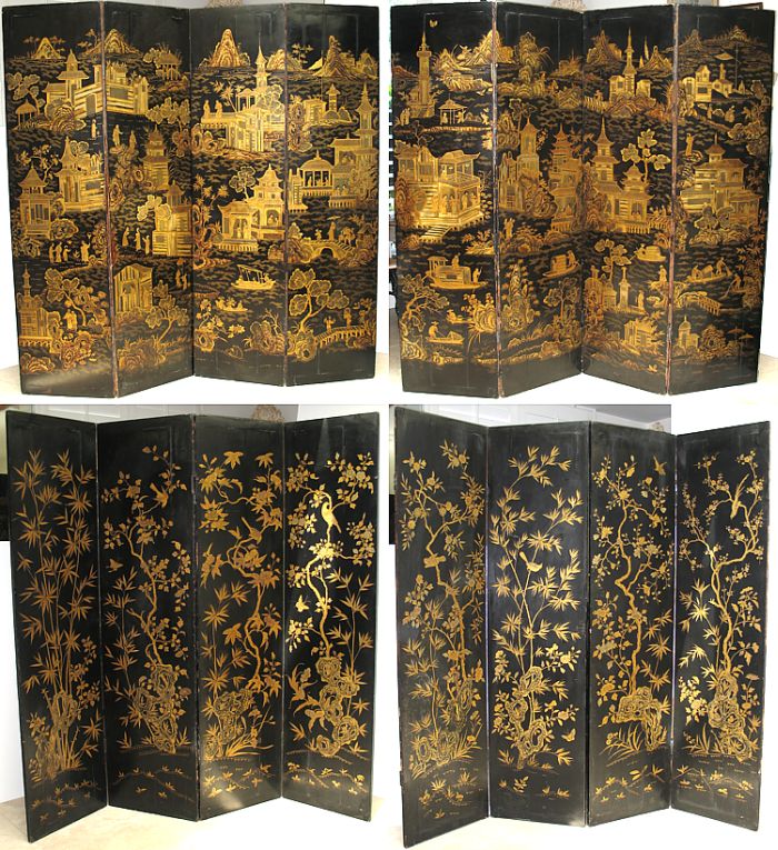 Pair English Four Panel Chinoiserie Screens 