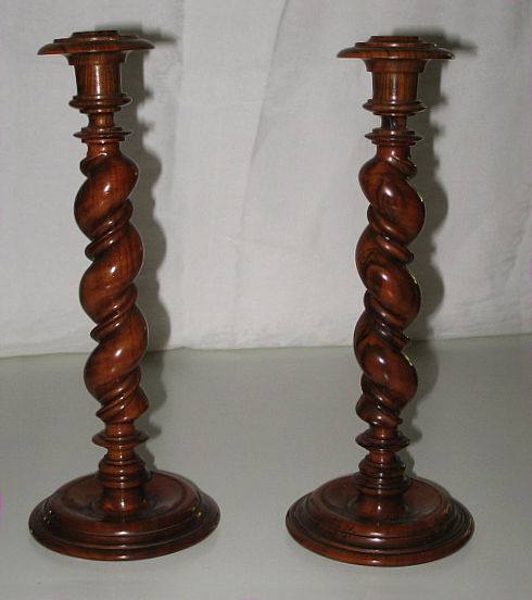 Pair of English Walnut Burl Candlesticks